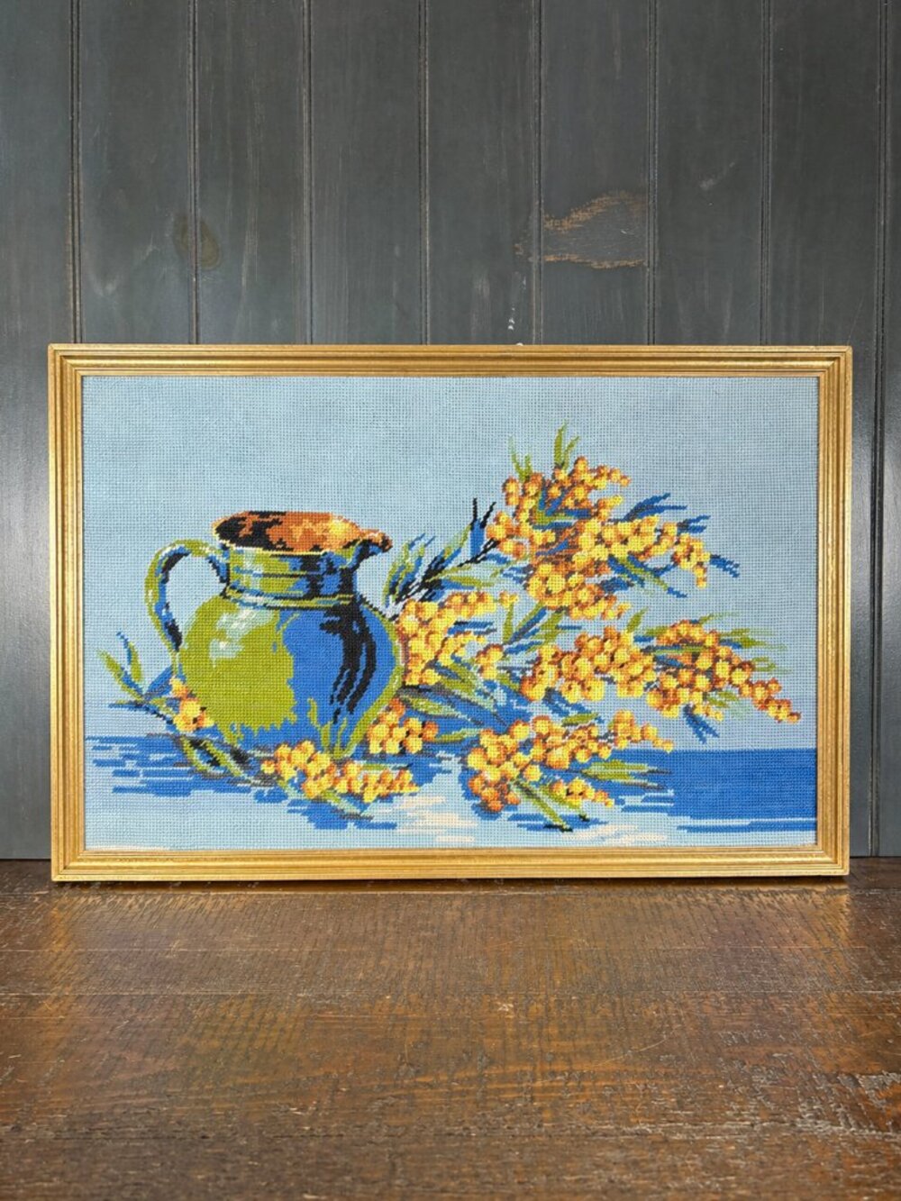 Vintage Needlepoint Mimosa Still Life, Framed Floral Embroidery Art